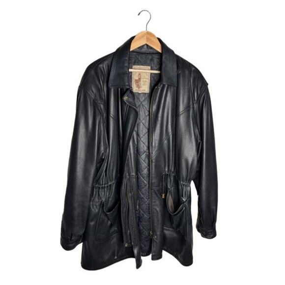 Vintage Echtes Leder Leather Jacket Black Knee Length Cinched Waist Size XL - Picture 2 of 13